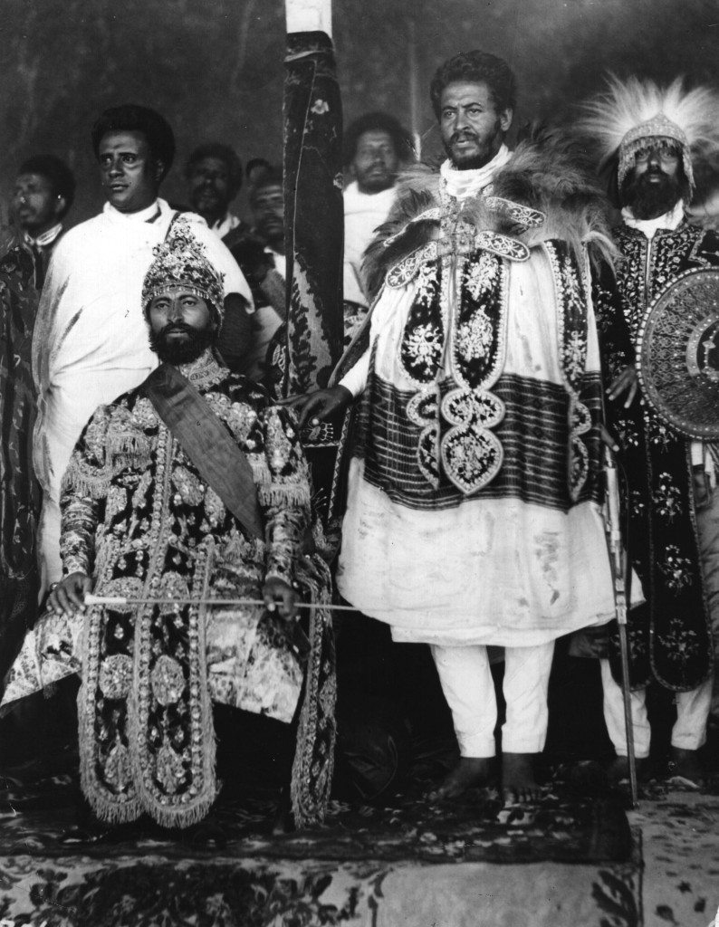 Emperor of Ethiopia Haile Selassie I (1891 - 1975) seated in state in Addis Ababa with his courtiers in elaborate national dress. (Photo by Hulton Archive/Getty Images)