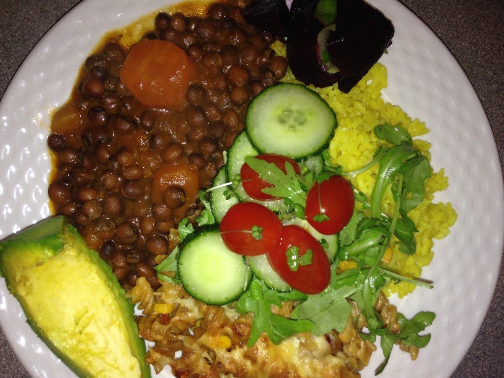 (Good Memories: This is a typical sunday dinner that we would have as children, stewed Gungo peas, rice, vegan macaroni, salad, avocado and beetroot salad.)